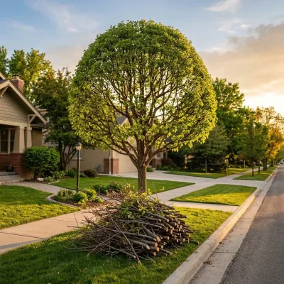 Neatly shaped ornamental tree with branch pile after trimming on Boise neighborhood street