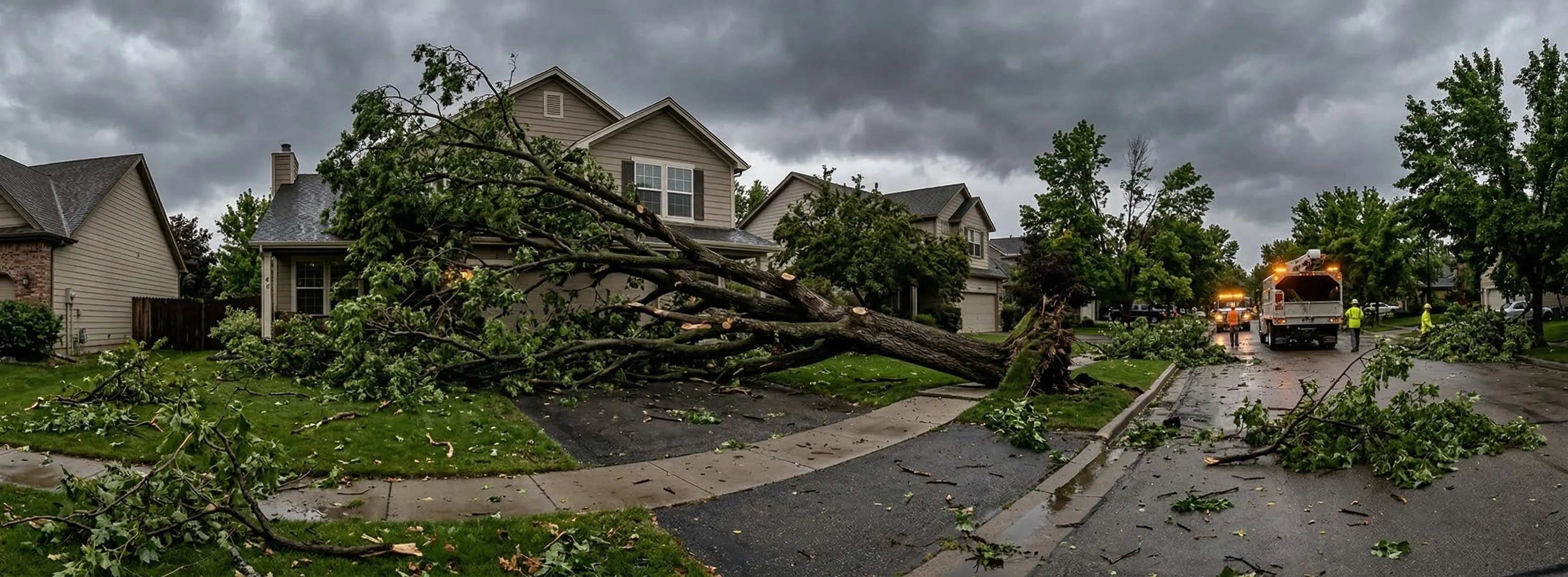 Large fallen tree across a residential driveway after a storm in Boise Idaho