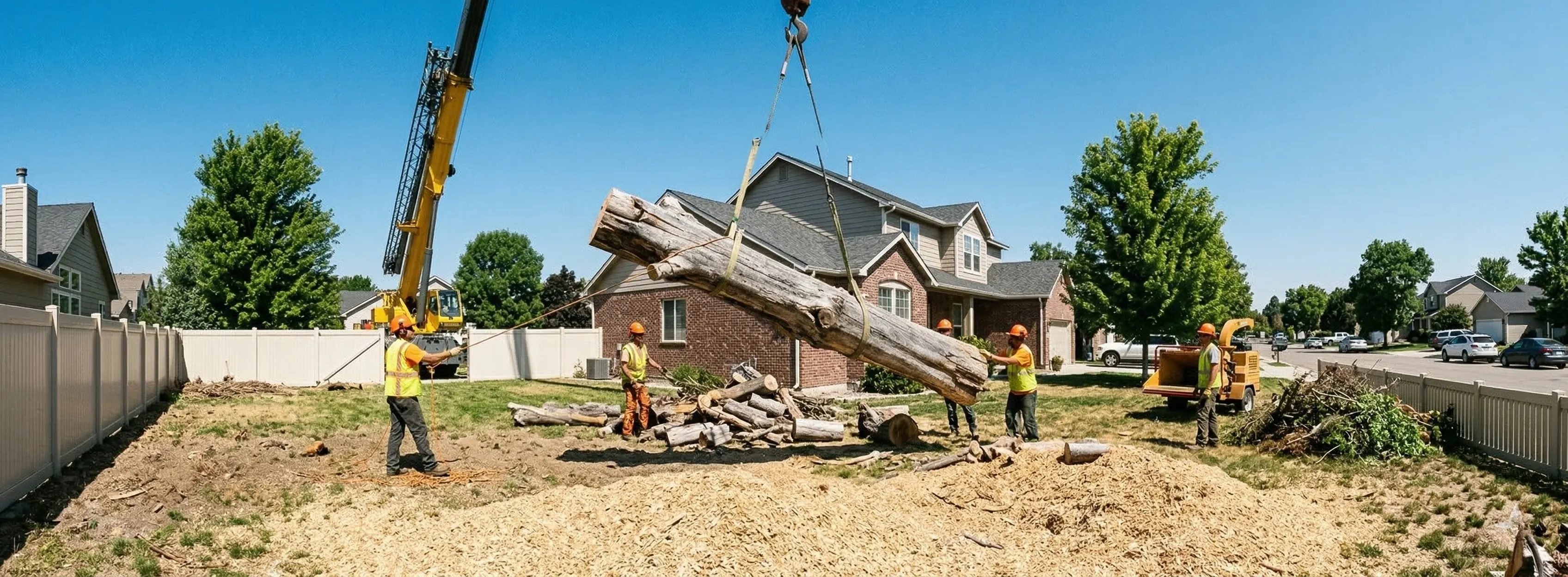 Tree removal crew using a crane to lower a cut section of a dead tree in a Boise backyard