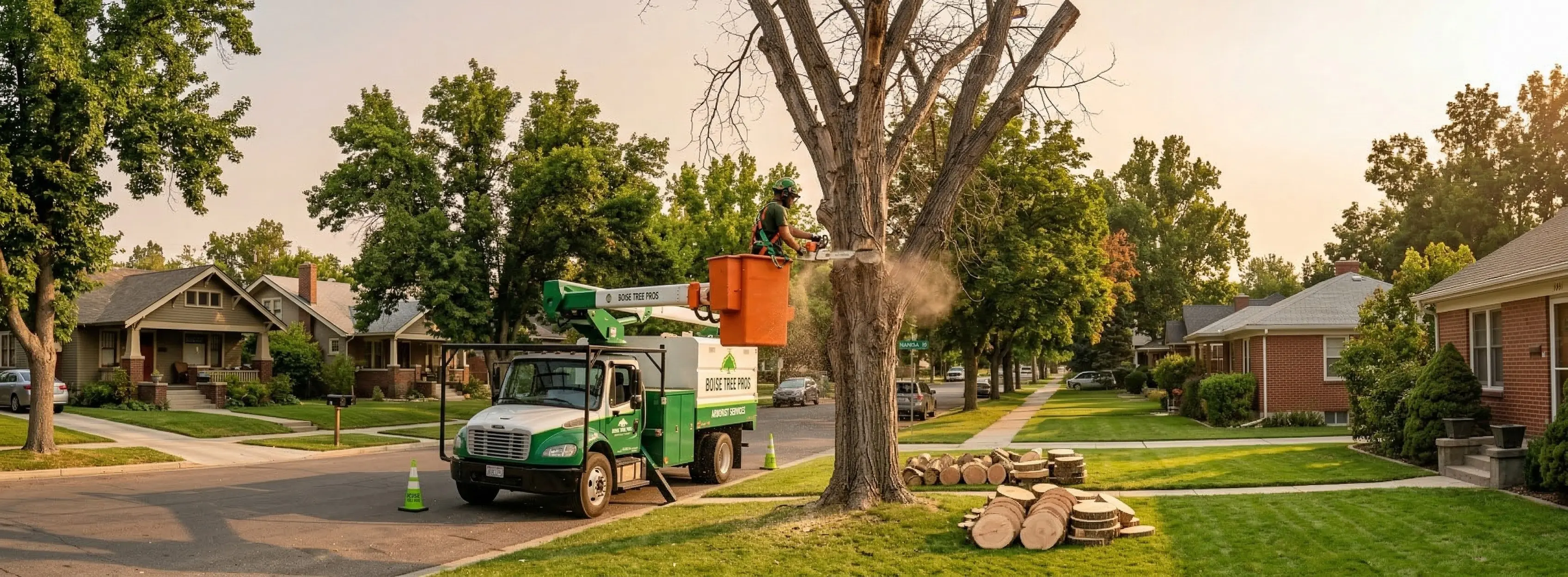 Bucket truck removing a dead elm tree in an established Caldwell Idaho neighborhood