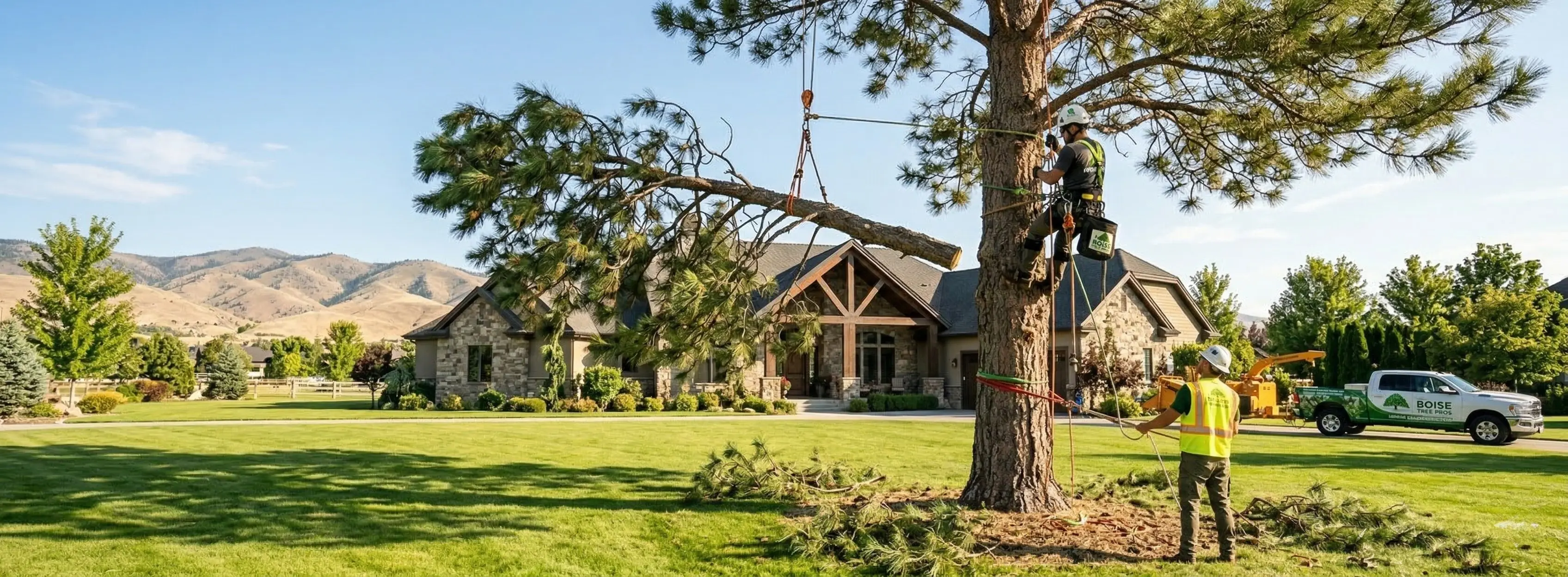 Arborist climbing a tall ponderosa pine on a large Eagle Idaho estate with foothills in background