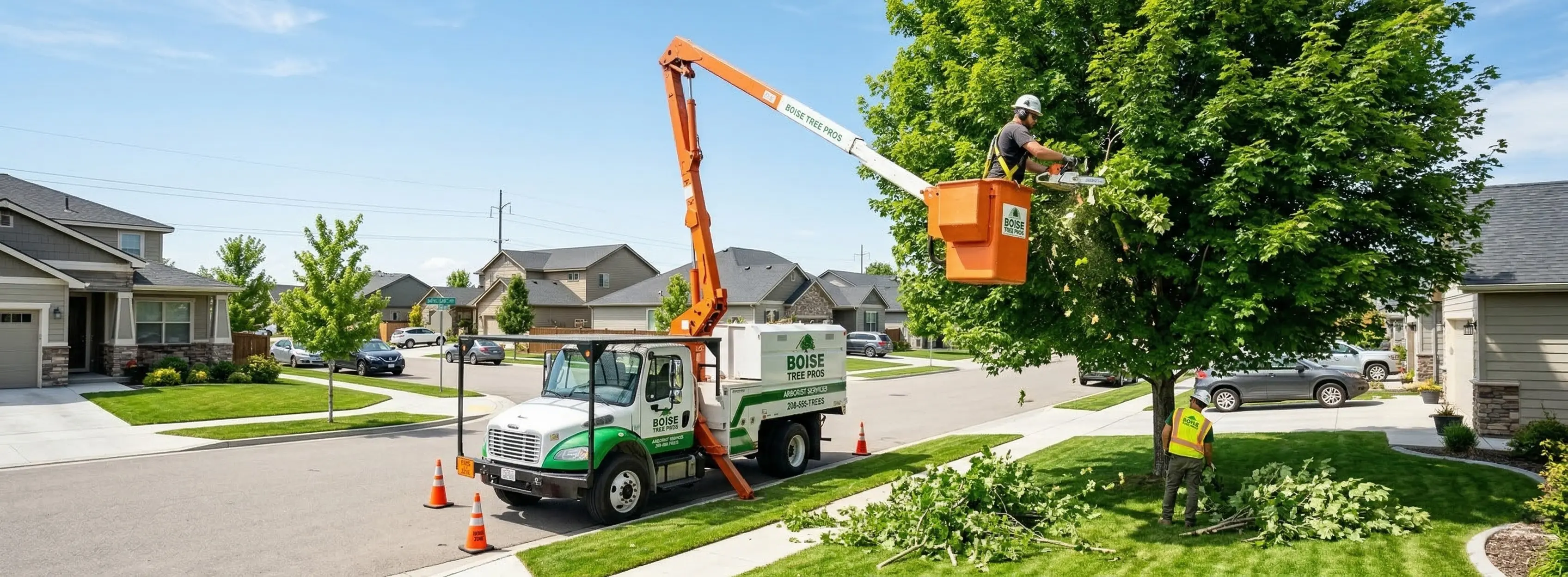 Boise Tree Pros bucket truck trimming a tree in a Meridian Idaho suburban neighborhood