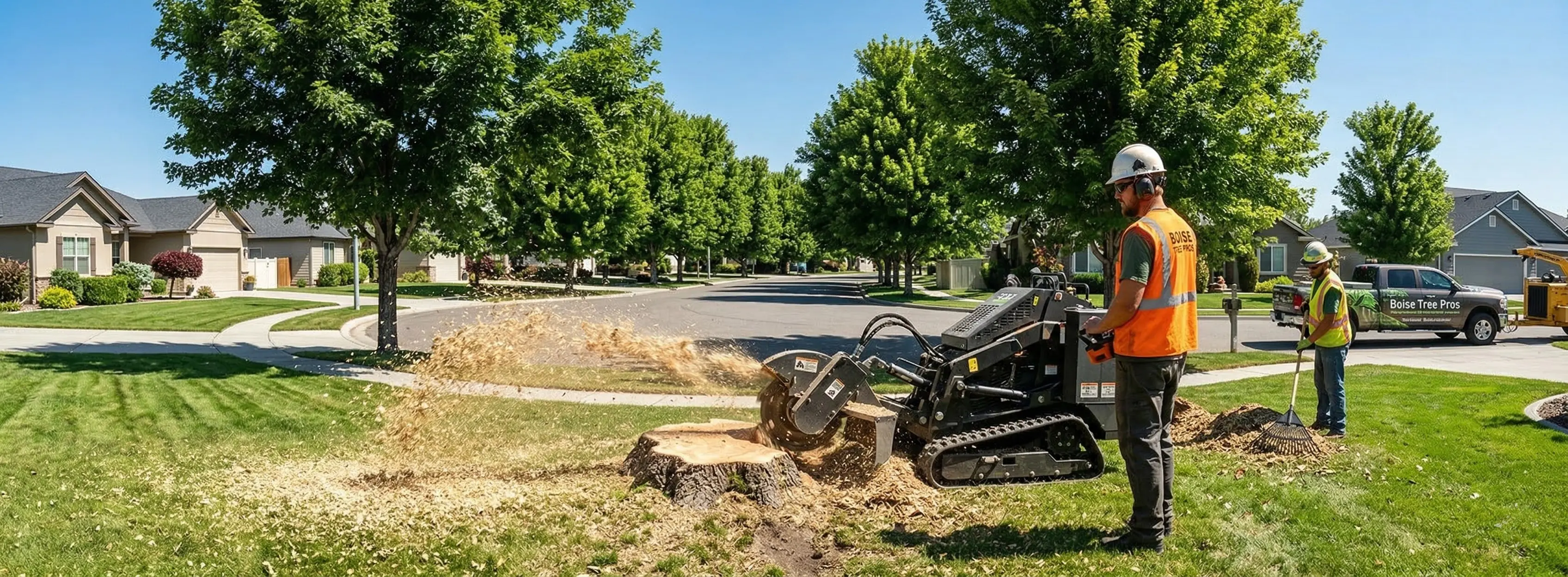 Professional stump grinding service in a Nampa Idaho residential neighborhood