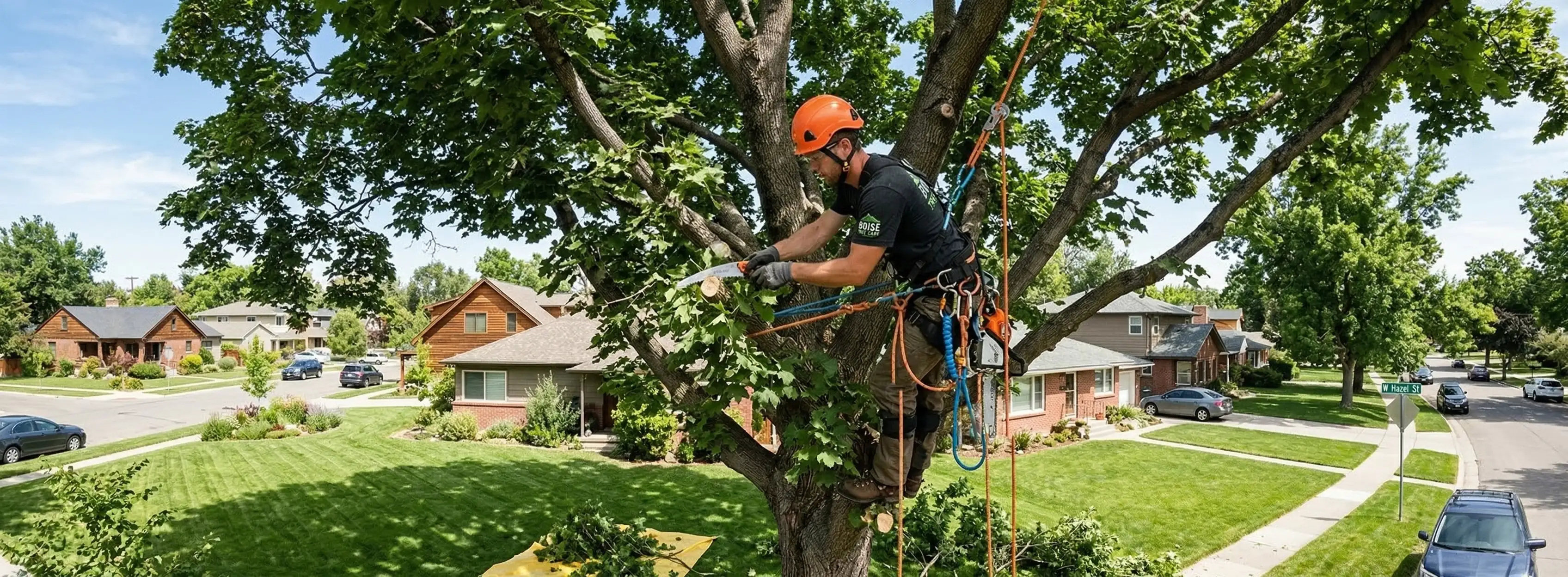 Professional arborist pruning branches of a mature tree in a Boise Idaho neighborhood